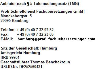 Impressum, Übersetzungsbüro